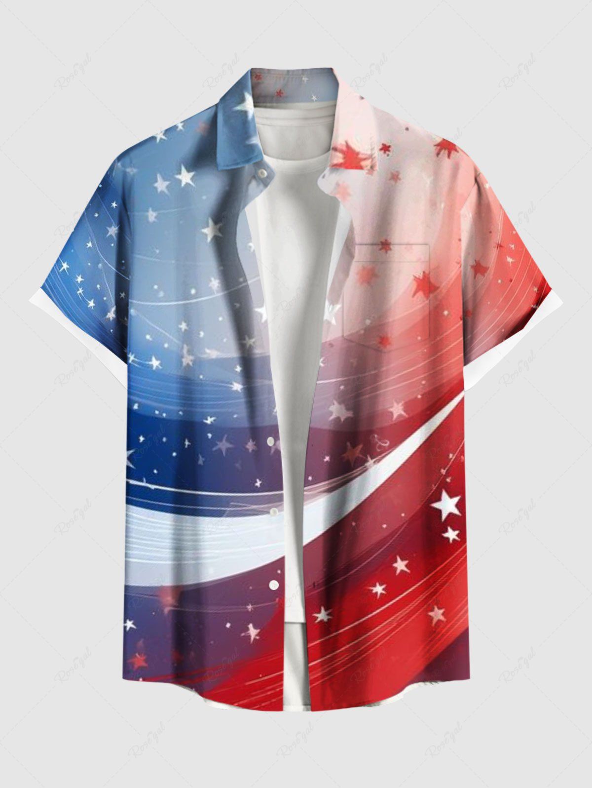 Chemise grande taille à boutons et poches, imprimé galaxie, drapeau américain patriotique, pour homme Rouge 4XL