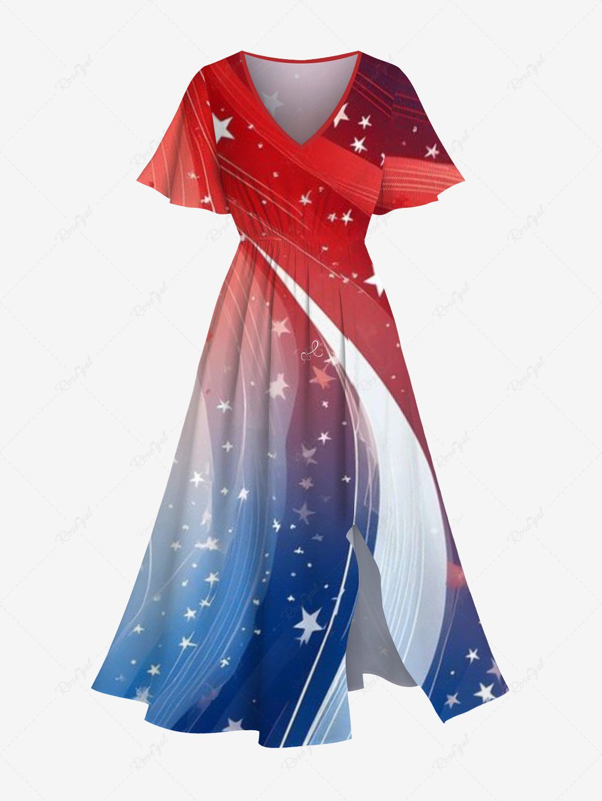 New Plus Size Patriotic American Flag Galaxy Print Split Midi Dress  