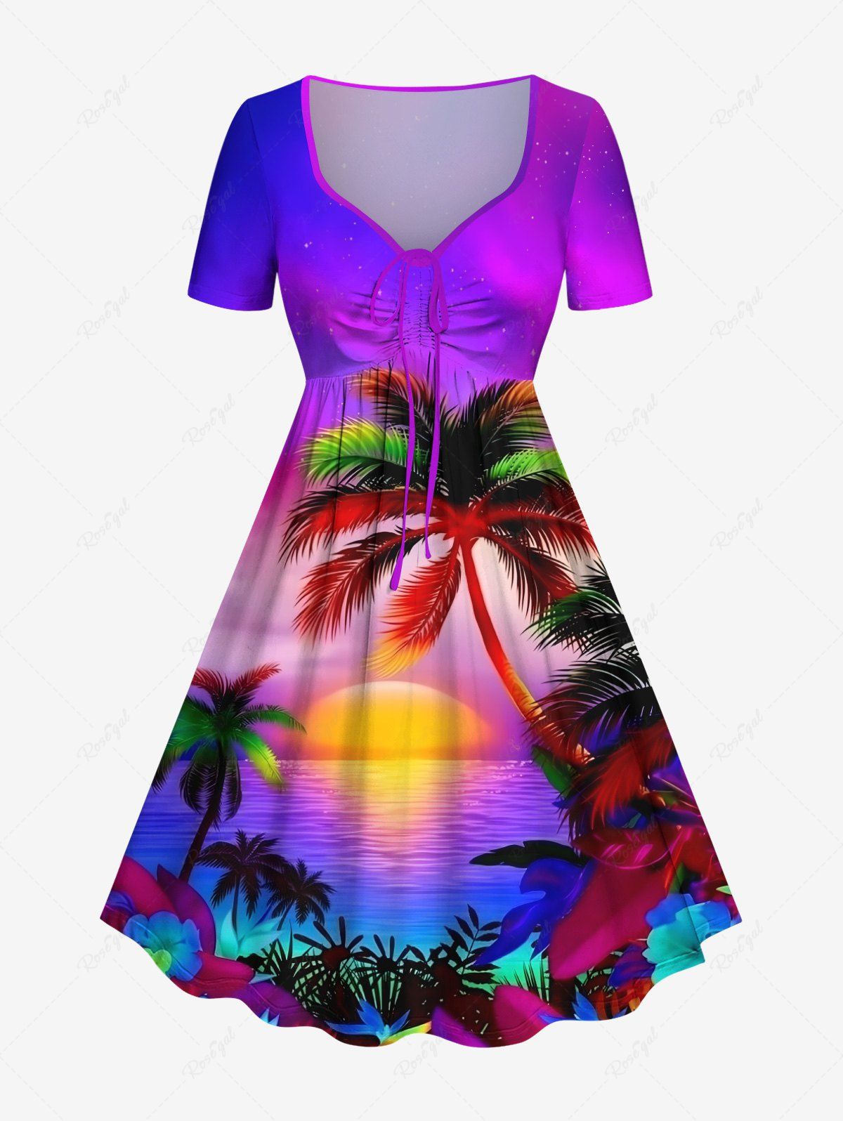Hot Plus Size Coconut Tree Sun Flowers Seascape Print Cinched Hawaii Dress  