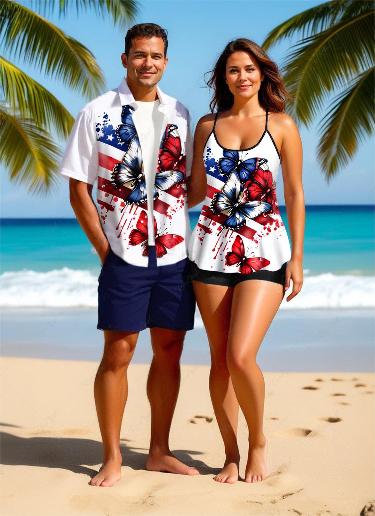 Maillot de bain grande taille à imprimé papillon et drapeau américain patriotique, tenue assortie pour couple Blanc 