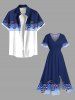 Tenue de plage hawaïenne assortie grande taille, motif drapeau américain patriotique, imprimé cocotier, blocs de couleurs contrastés, pour couples - Bleu profond 