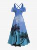Tenue de plage hawaïenne assortie grande taille à imprimé cocotier et ciel ombré pour couples - Bleu 