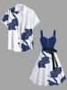 Plus Size Flower Leaf Branch Print Hawaii Button A Line Tank Dress with Removable Belt -  