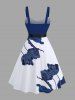 Plus Size Flower Leaf Branch Print Hawaii Button A Line Tank Dress with Removable Belt -  