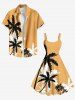 Plus Size Two Tone Coconut Tree Print Hawaii A Line Tank Dress -  