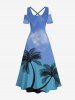 Robe longue hawaïenne grande taille à imprimé cocotiers, épaules dénudées et croisées, coupe trapèze - Bleu 4X