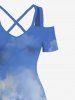 Robe longue hawaïenne grande taille à imprimé cocotiers, épaules dénudées et croisées, coupe trapèze - Bleu 5X