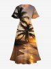 Plus Size Coconut Tree Sea Beach Ombre Sunset Print Hawaii Split Pocket A Line Midi Dress -  