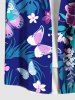 Chemise hawaïenne grande taille à imprimé papillon, hibiscus, feuilles tropicales, boutons et poches pour homme - Bleu profond M