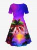 Plus Size Coconut Tree Sun Flowers Seascape Print Cinched Hawaii Dress -  