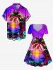 Plus Size Coconut Tree Sun Flowers Seascape Print Cinched Hawaii Dress -  
