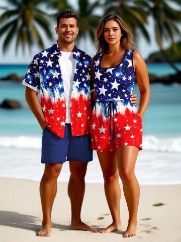 Matching Shirt and Romper Plus Size Beach Outfit Patriotic American Flag Tie Dye Printed for Couples - BLUE