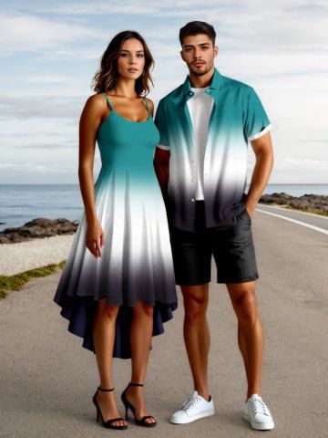 Ombre Colorblock Print Plus Size Matching Hawaii Beach Outfit For Couples - GREEN
