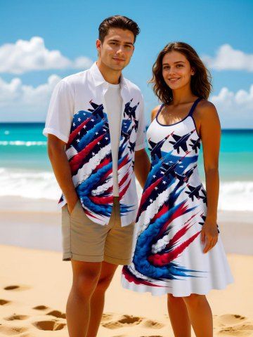 Patriotic American Flag Plane Print Plus Size Matching Outfit For Couples - WHITE