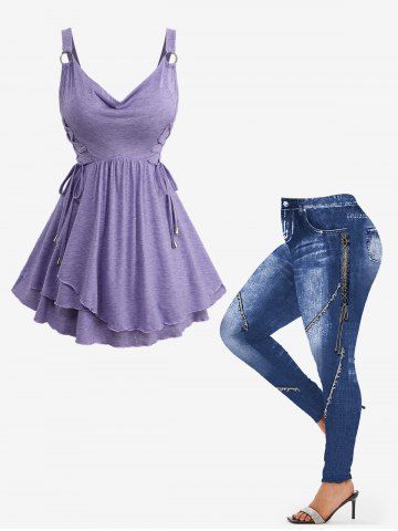 O-Ring Lace Up Ruffles Marled Top and 3D Denim Pockets Topstitching Print Leggings Plus Size Outfit - PURPLE