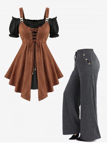 Lace Up Two Tone 2 in 1 Top and Mock Button Pocket Drawstring Marled Wide Leg Pants Plus Size Outfit