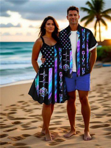 Ombre Striped Letter Rose Flower Patriotic American Flag Print Plus Size Matching Outfit For Couples - BLACK
