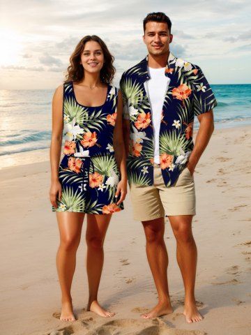 Matching Hawaii Shirt and Romper Plus Size Beach Outfit Tropical Leaves Hibiscus Print For Couples