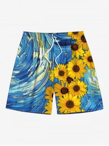 Plus Size Painting Sunflower Print Hawaii Drawstring Beach Shorts For Men - BLUE - 7XL