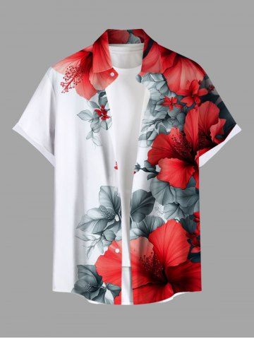 Plus Size Floral Tropical Leaves Print Hawaii Button Pocket Shirt For Men - RED - 6XL