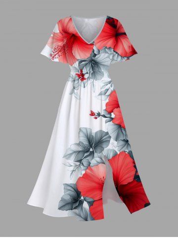 Plus Size Floral Tropical Leaves Print Hawaii Split Pocket A Line Midi Dress - RED - M