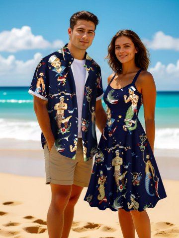 Sailor Mermaid Patriotic American Flag Anchor Shark Print Plus Size Matching Hawaii Beach Outfit For Couples - BLACK