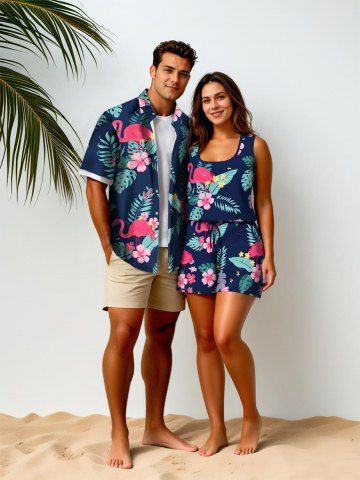 Matching Hawaii Shirt and Romper Plus Size Beach Outfit Tropical Leaves Hibiscus Flamingo Print For Couples - BLACK