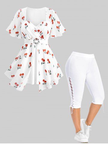 Cherry Fruit Waffle Plaid Print Blouse and High Waisted Lace Up Side Capri Pants Plus Size Outfit - WHITE