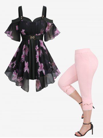 Flowers Print Chiffon Asymmetrical Cold Shoulder Blouse and Hollow Out Lace Trim Capri Leggings Plus Size Outfit - BLACK