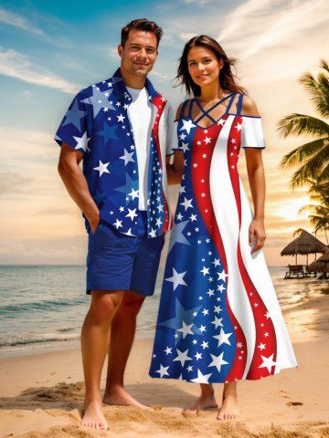 Patriotic American Flag Print Plus Size Matching Outfit For Couples - BLUE