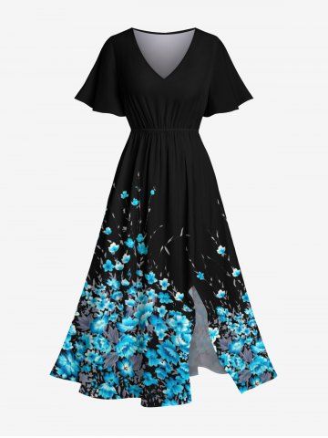 Plus Size Flowers Print Split Hawaii Midi Dress - BLACK - 5X