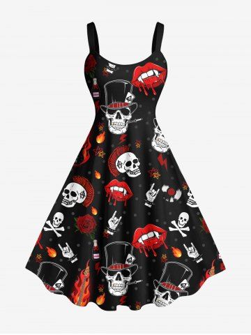 Plus Size Skulls Fireflame Guitar Lips Rose Flower Print Tank Dress - BLACK - 5X