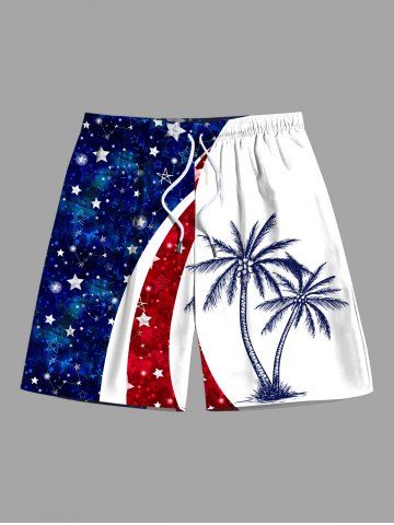 Plus Size Patriotic American Flag Galaxy Coconut Tree Print Hawaii Beach Shorts For Men - BLUE - 8XL