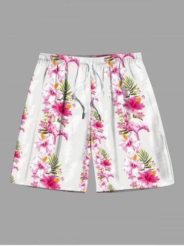 Plus Size Hibiscus Flowers Tropical Leaf Flamingo Print Hawaii Beach Shorts For Men - WHITE - 8XL