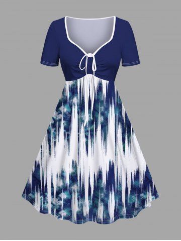 Plus Size Tie Dye Ombre Light Wave Print Hawaii Cinched A Line Dress - BLUE - XXS