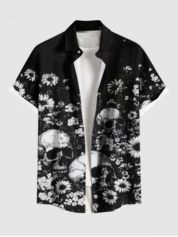 Plus Size Sunflowers Skulls Print Buttons Pocket Hawaii Shirt For Men - BLACK - S