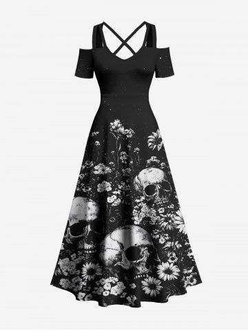 Plus Size Sunflowers Skulls Print Cold Shoulder Crisscross Hawaii Maxi Dress - BLACK - M