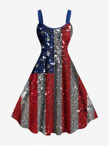 Plus Size Glitter Sequins Patriotic American Flag Print A Line Tank Dress - LIGHT PINK - XXS