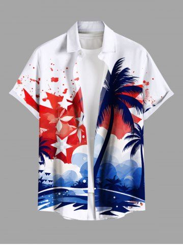 Plus Size Patriotic American Flag Paint Splatter Coconut Tree Print Buttons Pocket Shirt For Men - WHITE - 4XL
