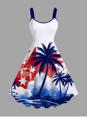 Plus Size Patriotic American Flag Paint Splatter Coconut Tree Print Hawaii Tank Dress - WHITE - 5X