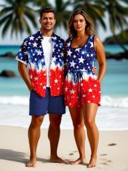 Matching Shirt and Romper Plus Size Beach Outfit Patriotic American Flag Tie Dye Printed for Couples -  