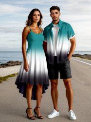 Tenue de plage assortie grande taille à imprimé colorblock ombré pour couples - Vert 
