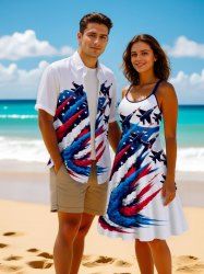 Patriotic American Flag Plane Print Plus Size Matching Outfit For Couples -  