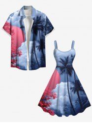 Coconut Tree Flower Sun Ombre Sky Cloud Print Plus Size Matching Hawaii Beach Outfit For Couples -  