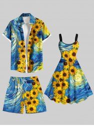 Tenue de plage hawaïenne assortie grande taille à imprimé tournesol pour couple - Bleu 