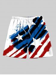 Plus Size Ink Painting Splatter Patriotic American Flag Print Drawstring Beach Shorts For Men -  