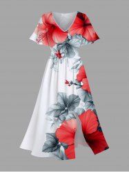 Plus Size Floral Tropical Leaves Print Hawaii Split Pocket A Line Midi Dress -  