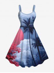 Robe débardeur grande taille à imprimé cocotier, fleurs, soleil, ombré, ciel, nuages, style hawaïen, coupe trapèze - Bleu profond 3X