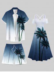 Tenue de plage hawaïenne assortie grande taille à imprimé tropical cocotier ombré pour couples - Bleu 