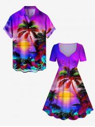 Coconut Tree Sun Flowers Seascape Print Plus Size Matching Hawaii Beach Outfit For Couples -  